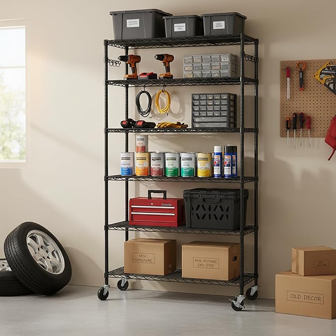 6-Tier Metal Storage Rack with Wheels, Sturdy Adjustable Wire Shelving Unit Rolling Shelf for Garage, Kitchen, Pantry, 36" W x 14" D x 75" H, Black