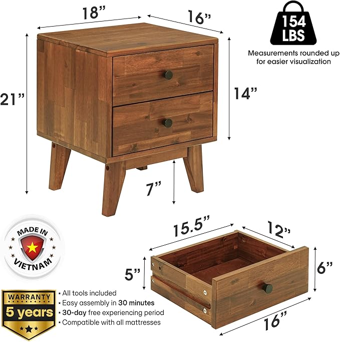 Acacia Silvia Nightstand with 2 Drawers, Solid Wood Bedside Table, Table with Storage Drawers for Bedroom, Bedside End Table with Drawer and Storage Space, Walnut
