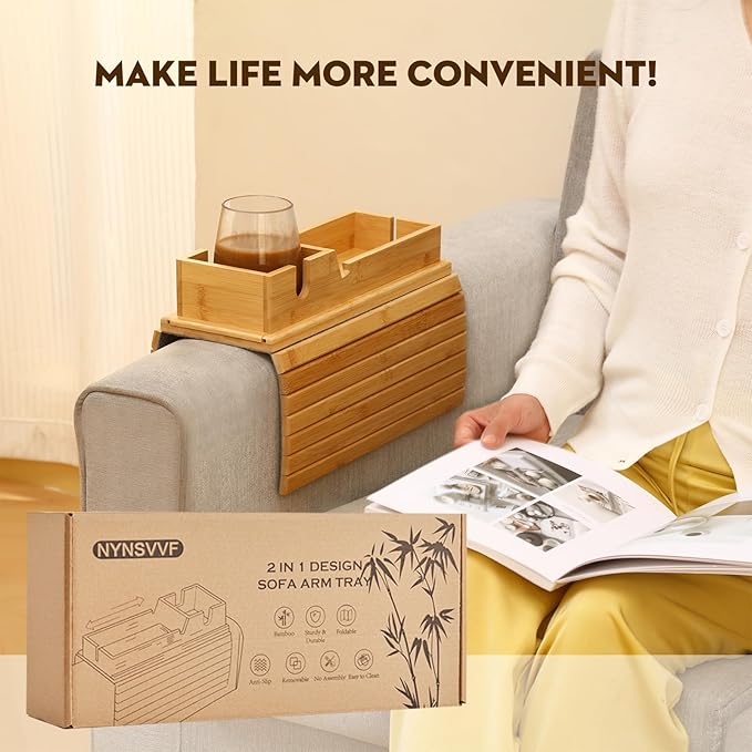 Bamboo Couch Arm Tray with Detachable Cup Holder, 2 in 1 Foldable Anti-Falling Design for Cups, Snacks, Remote, Cellphone