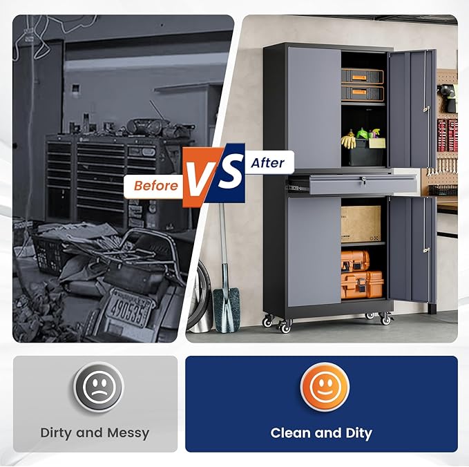 Yizosh Metal Garage Storage Cabinet with Locking Doors and Adjustable Shelves, -73" Steel Rolling Tool Storage Cabinet with 4 Wheels and 1 Drawer for Garage,Office,Warehouse