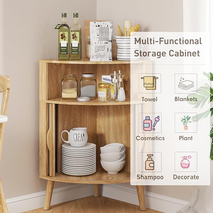 Bathroom Corner Storage Cabinet, 31.5''H Small Floor Corner Cabinet with 2 Fluted Doors and Shelves, Freestanding Narrow Cabinets Organizer for Living Room, Kitchen (Wood Color, 31.5''H)