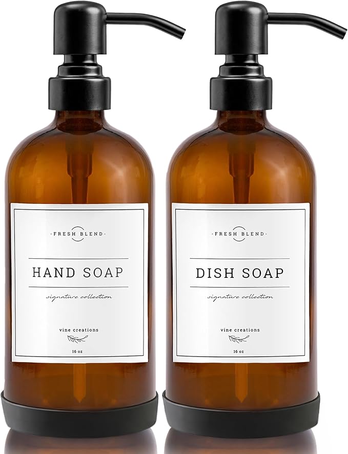 Vine Creations Amber Glass Soap Dispenser, 2 Pack Kitchen Soap Dispenser Set with Stainless Steel Pump, 16 oz Dish Soap and Hand Soap Dispensers for Bathroom with Waterproof Labels
