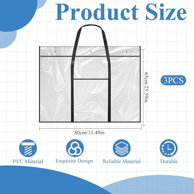 3 Pack Large Poster Storage Bag, 25.6" x 31.5" Bulletin Board Holder, Art PVC Folder with Pocket, Art Portfolio Case PVC Arts Portfolio Container for Teacher Organization Paper Teen, Black