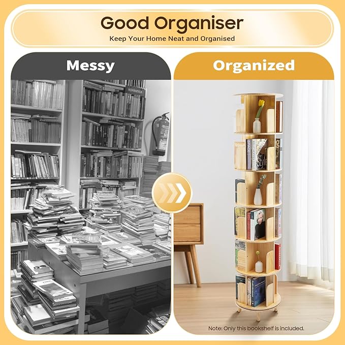 Rotating Bookshelf, 6-Tier Pine Wood Bookcase, Freestanding Bookcase Books Storage Displaying Rack, 360° Revolving Book Shelf Organizer, Each Tier Loading 110lbs, Used for Bedroom, Living Room, Study