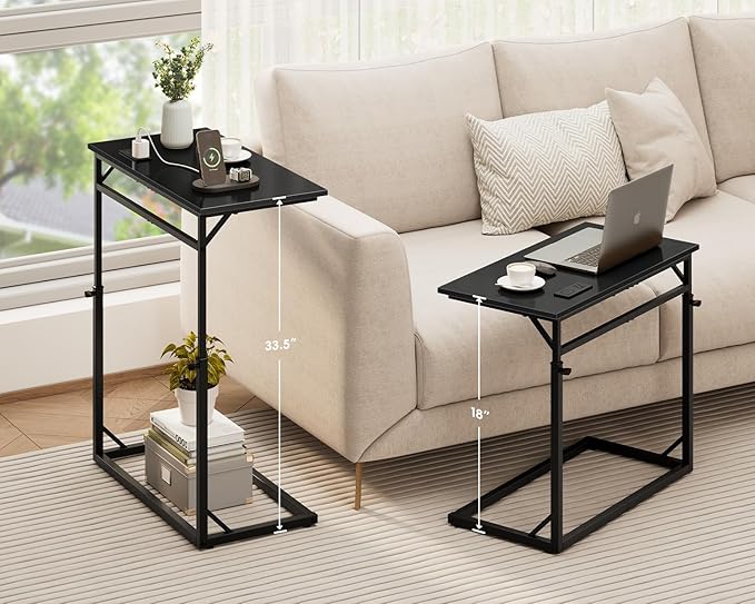 Vagusicc C Shaped End Table with Charging Station, C-Table End Table Adjustable Height Side Table for Couch, Large Couch Tables,Slide Under Sofa Tables TV Tray Arm Tables for Living Room,Bedroom,Black
