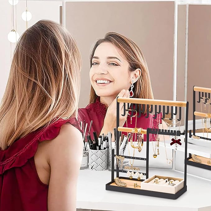 DreamGenius Jewelry Organizer Stand with Velvet Ring Holder, 4 Tier Jewelry Holder Organizer with 15 Hooks for Necklaces and 16 Holes for Earrings, Black