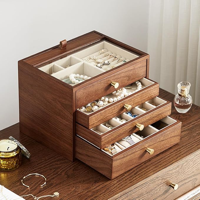 CHOSIN Black Walnut Wooden Jewelry Box for Women, Wood Jewelry Organizer 4 Layer with Glass Lid and Pull-out Necklace Storage Layer, for Watch Necklace Ring Earring Storage Christmas Gifts