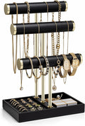 Vlando 3 Tier Bracelet Holder Organizer with Tray - Leather Jewelry Stand Organizer for Women - Jewelry Holder Display for Necklace, Watches, Rings, Earrings, Bangle, Scrunchie - Black