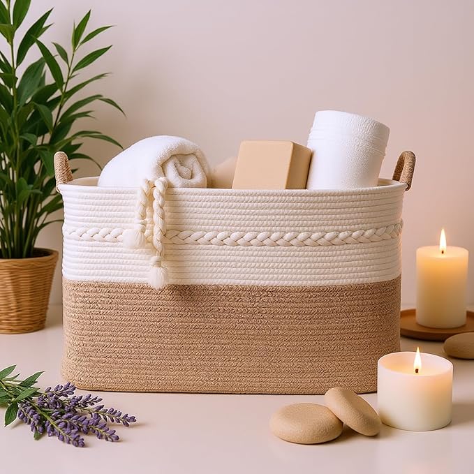 Extra large laundry basket woven from natural cotton rope with handles storage blankets for living rome big decorative quilted baskets for clothes toys pillows hamper 24"x16"x14" white/brown