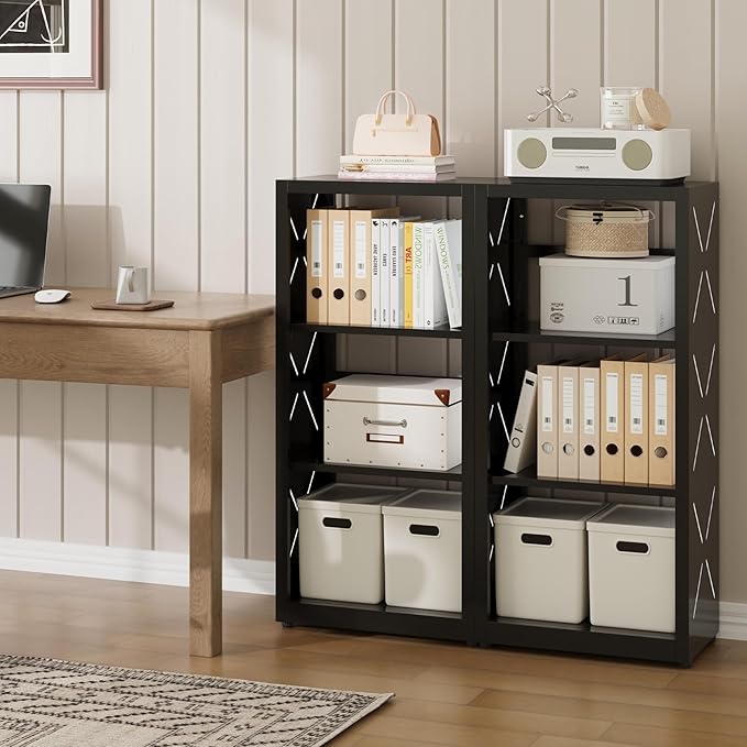 Narrow Bookshelf,3 Tier Bookcase,34" Black Metal Small Bookshelf with Adjustable Feet and Adjustable Shelves,Home Office Bookcase Shelf Storage Organizer for Living Room、Kitchen