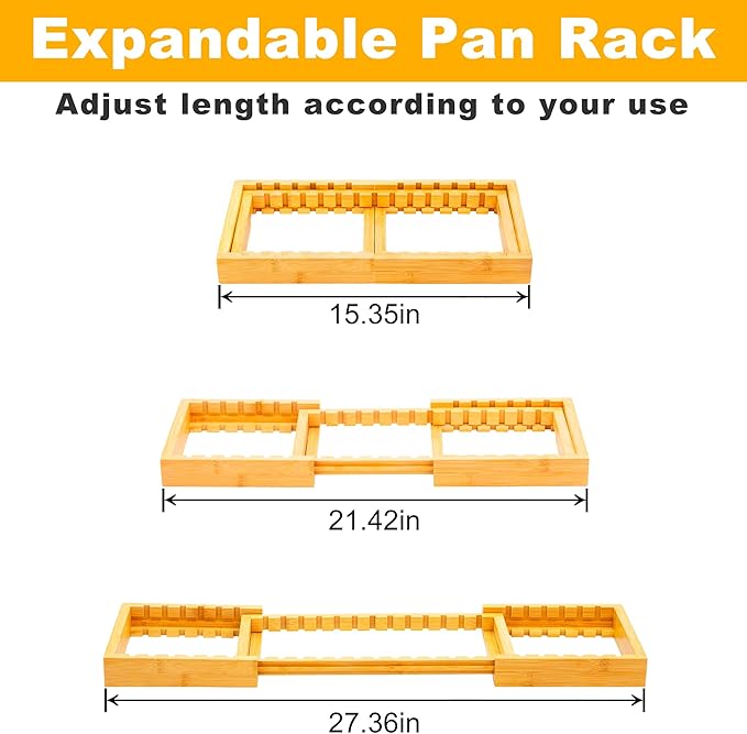 MinBoo Bamboo Expandable Pot Lid Organizer Pot Lid Holder, Pot and Pan Organizer Drawer Organizer for Pot Lids, Adjustable Dividers for Kitchen Cabinet Organizers and Storage,Small