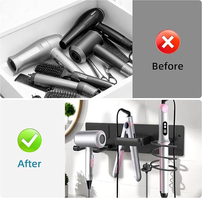 Hair Dryer Holder Blow Dryer Holder for Wall Mount Curling Iron Holder Flat Iron 3 in 1 Bathroom Hair Tool Organizer Rack, Matte Black