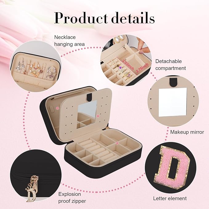 TopPerfekt Travel Jewelry Case, Jewelry Box with Mirror, Jewelry Organizer Bridal Shower Gifts to Her, Earring Storage Travel Case, Trendy Gift for Women and Girls, Girlfriend-Letter D, Black