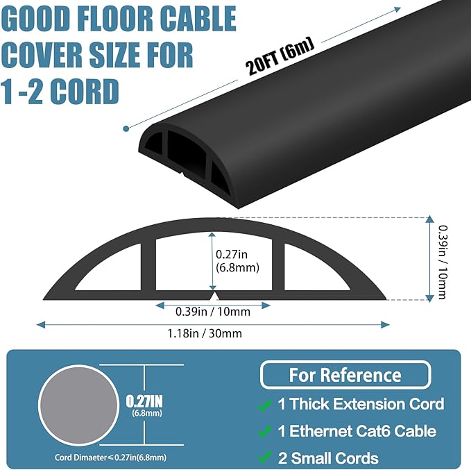 Floor Cord Covers for Wires 20FT Cable Hider Wire Coverr Self Adhesive Cord Hider Floor for Offices, Homes, Workshops, Warehouses Cable Cavity 0.47" W x 0.27" H