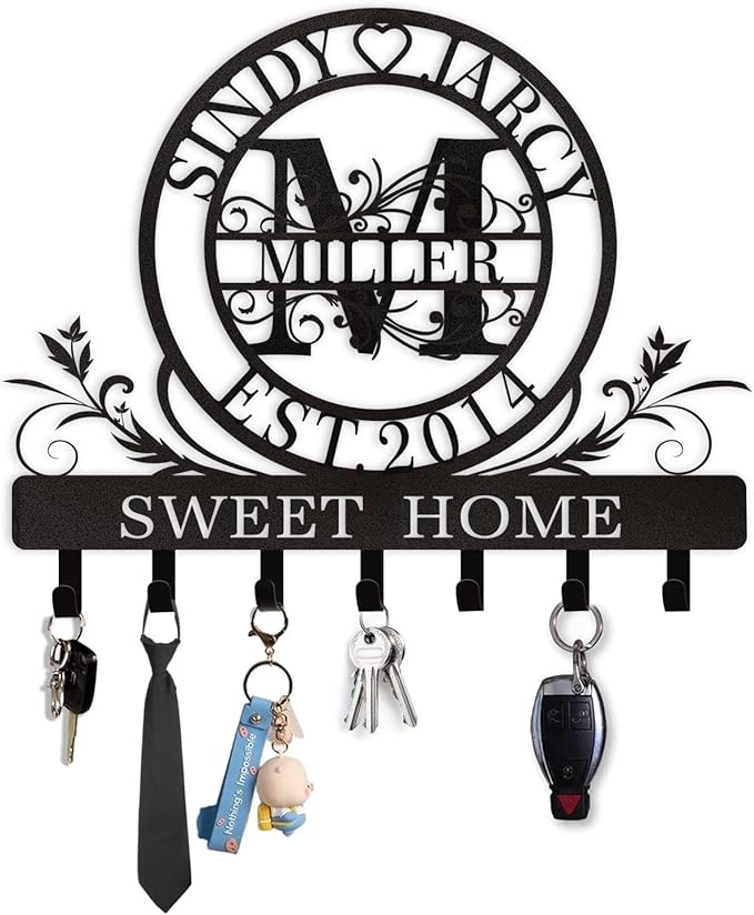 Personalized Key Holder for Wall, Custom Family Name Metal Wall Key Hanger, Key Hooks with Monogram Design, Key Rack Holder Wall Mount for Living Room Bedroom, Anniversary Couple Gift