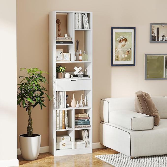 Tangkula 71” Tall Bookcase with Drawer, Modern Bookshelf with 10 Open Cubes, Floor Standing Display Rack Storage Cabinet with Anti-Tipping Kits for Living Room, Study, Office (1, White)