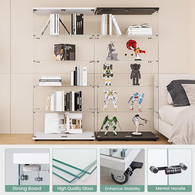 Beauty4U Glass Display Cabinet with 5 Shelves, Curio Cabinets for Living Room, Bedroom, Office, White Floor Standing Glass Bookshelf, Quick Installation