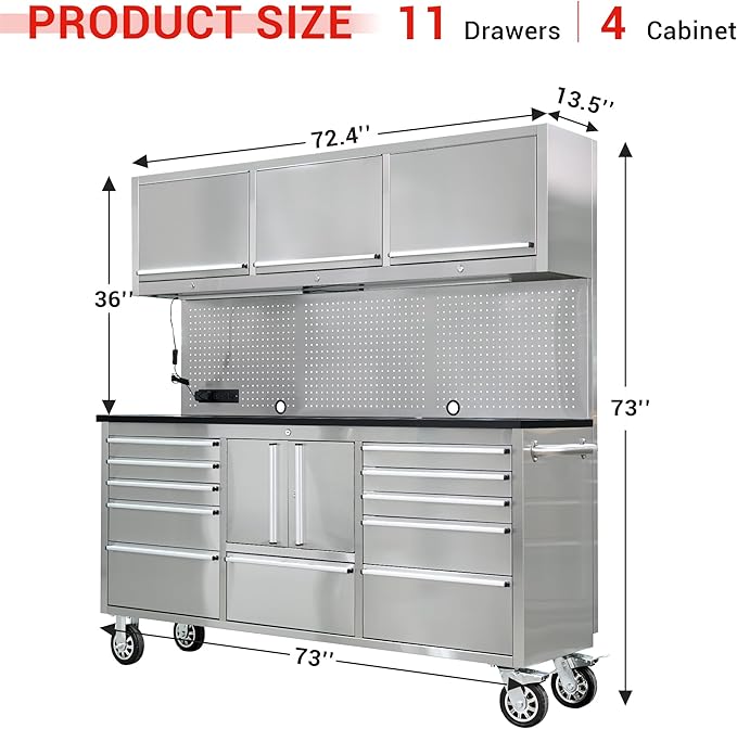 CT Copper Tailor 72-Inch Rolling Tool Chest with 11 Drawers & 4 Cabinets, Pegboard, Power Strip,LED Light,Mobile Workbench for Garage,Workshop,Stainless Steel