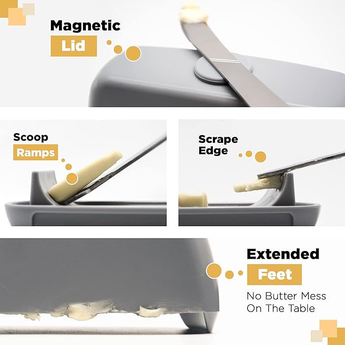 Butter Hub Extra Large Butter Dish with Lid and Knife, European Size Magnetic Butter Keeper, Easy Scoop, No Mess Lid, Plastic, Dishwasher Safe (Grey),European / 2 Sticks