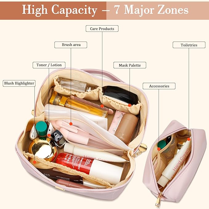 Birthday Gifts for Women Teen Girl, Personalized Initial Makeup Organizer Bag Set, Open Flat Travel Cosmetic Bag With Clear Divider and Handle(Pink,I)