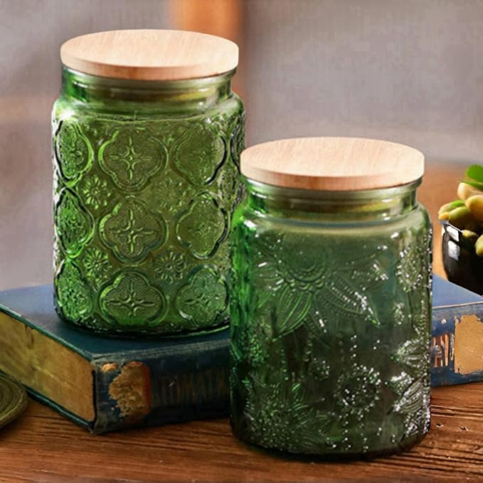 Green Glass Canister, Candy Jar with Lid, 23.7 FL OZ Vintage Colored Mason Jars for Kitchen Decorative Jar for Coffee Tea Candy Cookies, Cute Jars (Green, 1 Pack)