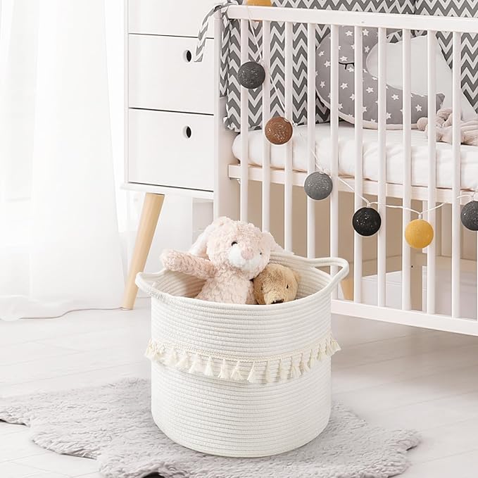 danpinera Baskets for Organizing, 3 Pack White Storage Baskets for Shelves with Tassel, 13 Inch Round Woven Baskets for Storage in any Room
