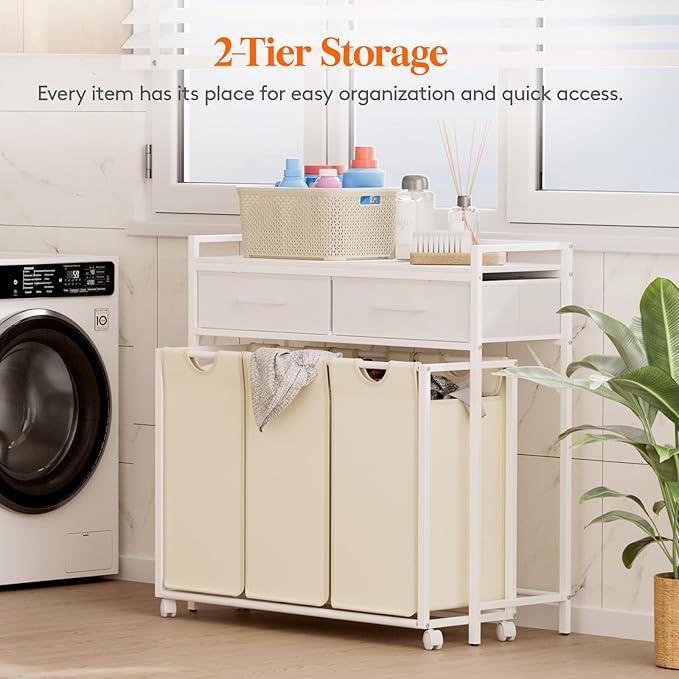 Lifewit Laundry Hamper 3 Section, Large Rolling Laundry Sorter with Shelf & 2 Drawers, Pull-Out Laundry Basket Organizer with Wheels and Removable Bag, White and Beige