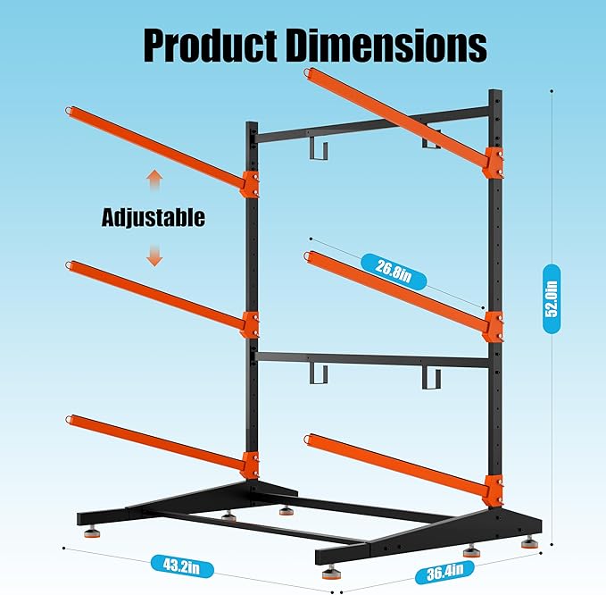 Kayak Storage Rack, Adjustable Outdoor Canoe Rack, Reinforced, Thickened, and Enhanced Rust Resistance, Holds 330 lbs, for Safe Dock and Outdoor Kayak Storage(3-Tier, Orange)