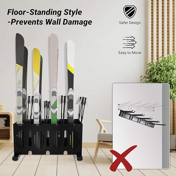 8-Pair Ski Storage Rack w/Width-Adjustable Fixing Bars, Heavy Duty Metal Freestanding Ski Rack - Ideal Organizer for Garage, Home and Store, 26" L ×18.1" W ×13.6" H