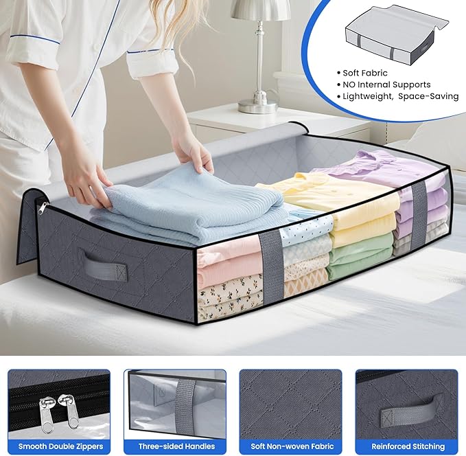 Under Bed Storage Containers, 4 Pack Blanket Storage Bags, Collapsible Storage Bags with Big Zippers, Clear Front, Shoe Storage and Organization for Clothes, Comforter, 75L, Grey