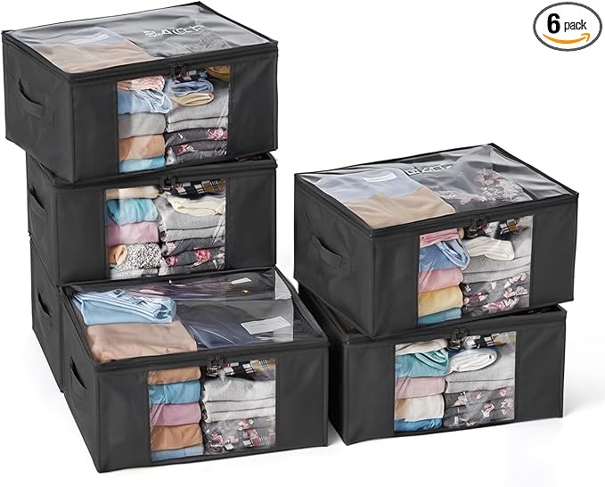 Hopack Clothes Storage Bags, Foldable Thick Fabric Blanket Storage Bags, Large Clear Window & Carry Handles, Great for Clothes, Blankets, Closets, Pillows, Toys (Black, 6PACK)
