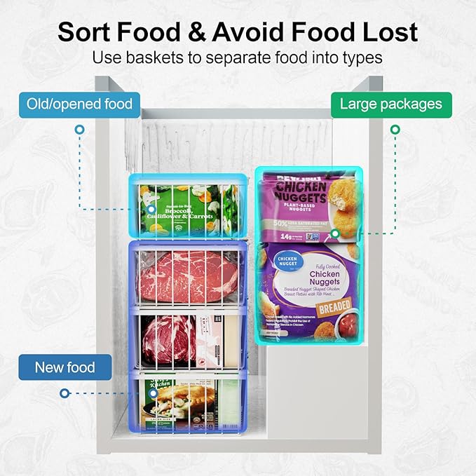 iSPECLE Freezer Organizer Bins - 4 Pack Stackable Chest Freezer Organizer for 5 Cu Ft Deep Freezer Sort Frozen Food, Deep Freezer Organizer Bins Easy to Get Food from Bottom without Digging, White