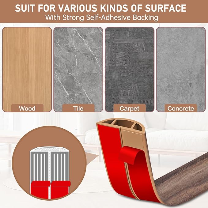 Floor Cord Cover Self Adhesive Cord Hider Floor Extension Cord Covers for Floor Power Cord Protector Cable Management Prevent Cable Trips Cable Cavity 0.59" W x 0.31" H (Smoked Brown Wood, 3.3Ft)
