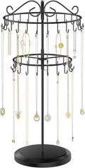 iDavosic.ly 2 Tier Rotating Necklace Holder Organizer with 42 Hooks, Adjustable Metal Bracelet Display Stand Rack, Extra Tall Keychain Spinning Tree Tower for Women, Black