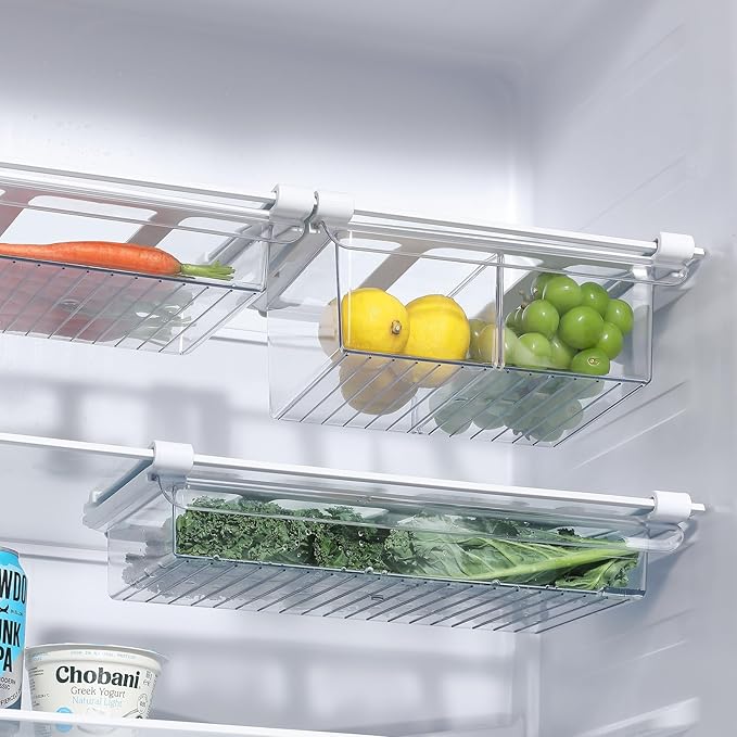 Pull-Out Fridge Drawer Organizer - Under Shelf Storage Bins for Refrigerator Organization for Fruits Vegetables, Cheese & Deli (Tall & Narrow with dividers)
