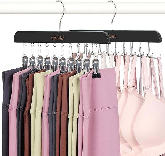 TOPIA HANGER 2 Pack Bra Hanger with Leggings Organizer, 2-in-1 Space Saving Hangers Neatly Store Max 20 Bras and 10 Leggings, Pants Jeans Shorts Skirt Tank Top Hanger for Closet Black CT76B