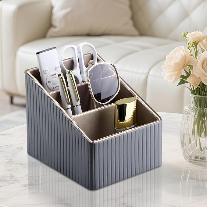 KINGFOM 3 Slot PU Leather Remote Controller Holder, Home Sundries Storage Box, TV Guide/Mail/CD Organizer/Caddy/Holder with Free Cable Desk Organizer (Grey)
