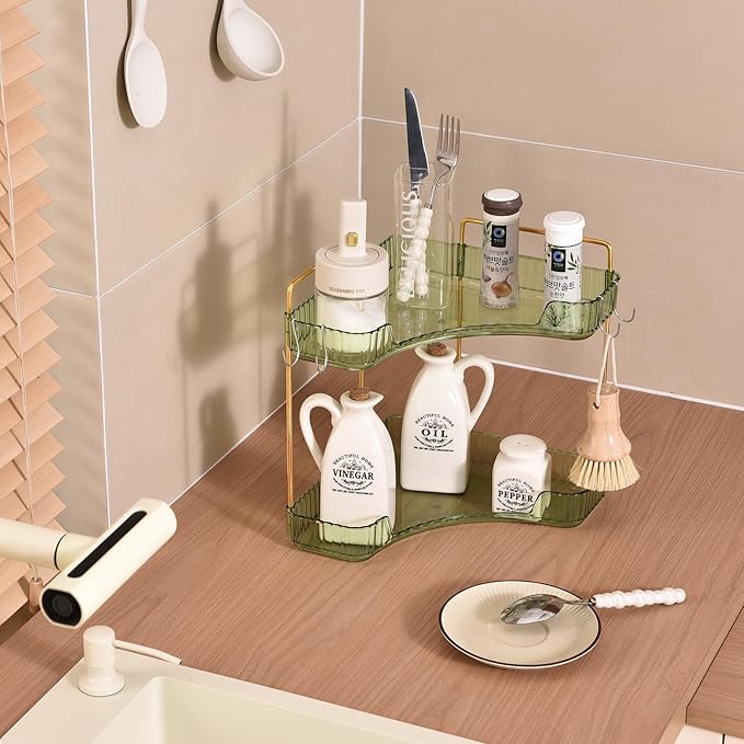 2 Tier Plastic Bathroom Sink Organizer with Hooks, Corner Bathroom Counter Organizer Makeup Storage Vanity Tray for Countertop (Green Gold)