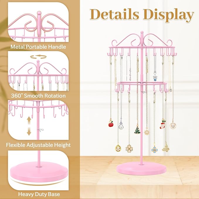 MODOWEY Rotating Necklace Holder Organizer Display Stand with 42 Hooks, 2 Tier Adjustable Metal Tree for Long Necklace Hanger Selling, Tall Spinning Bracelet Storage Rack for Men Women, Pink