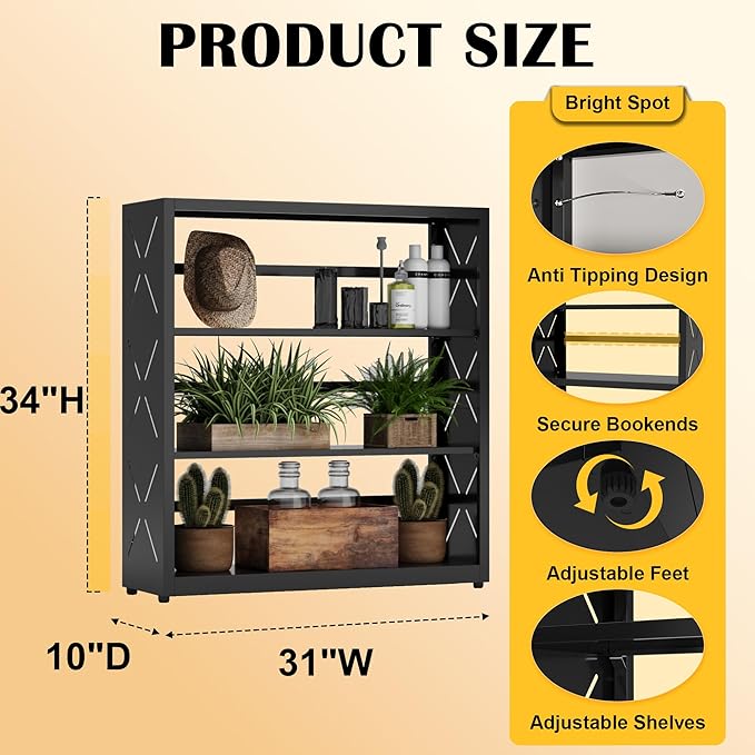 3 Tier Bookcase,Industrial Bookshelf,34" Black Metal Wide Bookshelf with Adjustable Feet and Adjustable Shelves,Home Office Bookcase Shelf Storage Organizer for Living Room、Kitchen