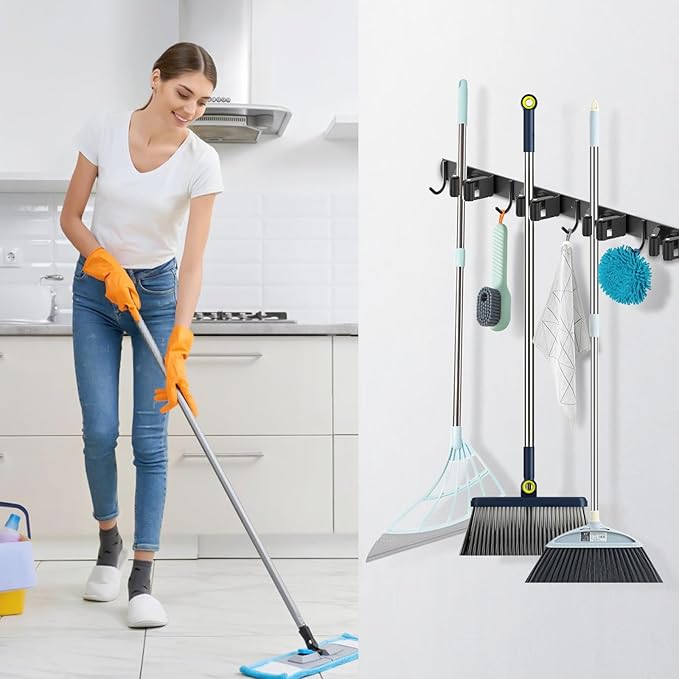 nacena Broom holder Wall Mount, 2-Pack Black Stainless Steel Self-Adhesive Mop and Broom Hooks Heavy Duty Broom and Mop Storage Rack laundry room organization for Kitchen Garden garage