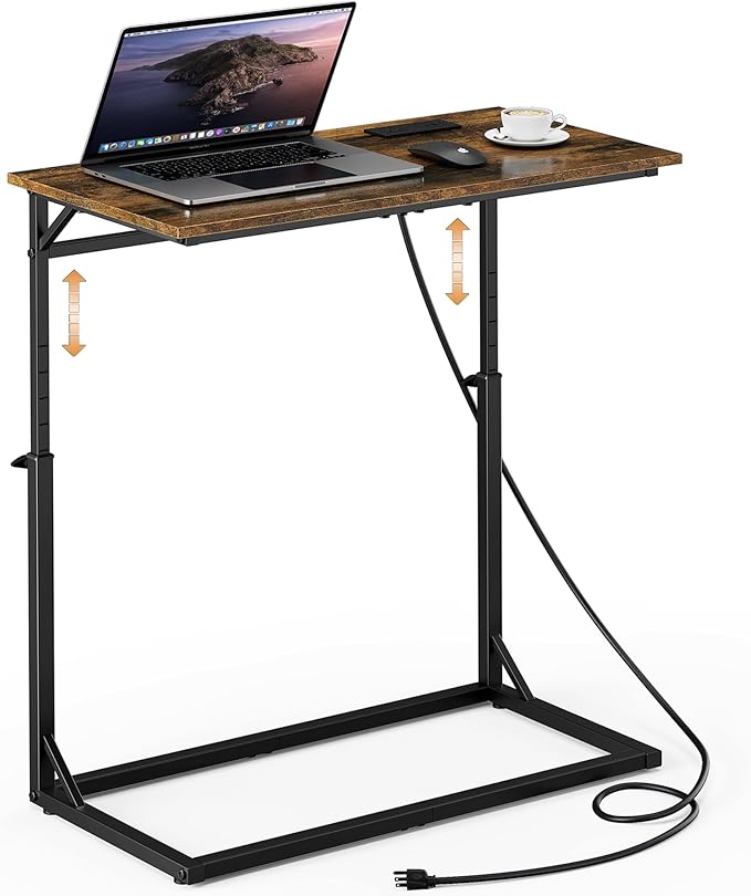 Vagusicc C Shaped End Table with Charging Station, Large C-Table End Table Adjustable Height Side Table for Couch, Couch Table Slide Under Sofa Table TV Tray Table for Sofa, Living Room, Bedroom,Brown