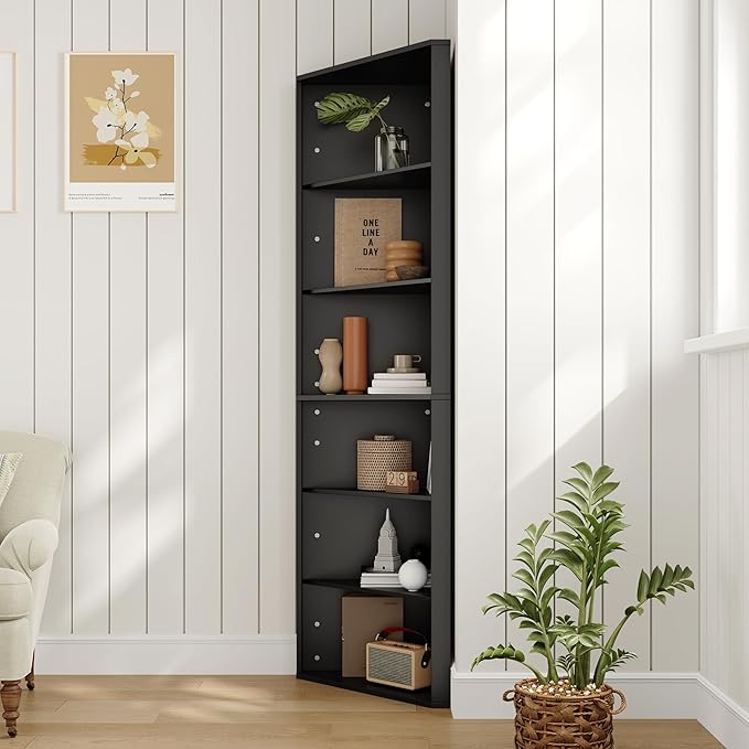 6 Tier Corner Shelf with Adjustable Shelf, 68" Tall Corner Bookshelf Bookcase, Freestanding Corner Display Storage Shelf for Living Room, Office, Kitchen, Bath Room,Small Space, Black