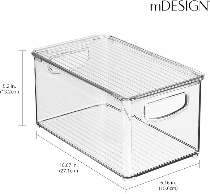 mDesign Plastic Deep Storage Bin Box Container with Lid and Built-In Handles - Organization for Fruit, Snacks, or Food in Kitchen Pantry, Cabinet, or Cupboard, Ligne Collection, 4 Pack, Clear