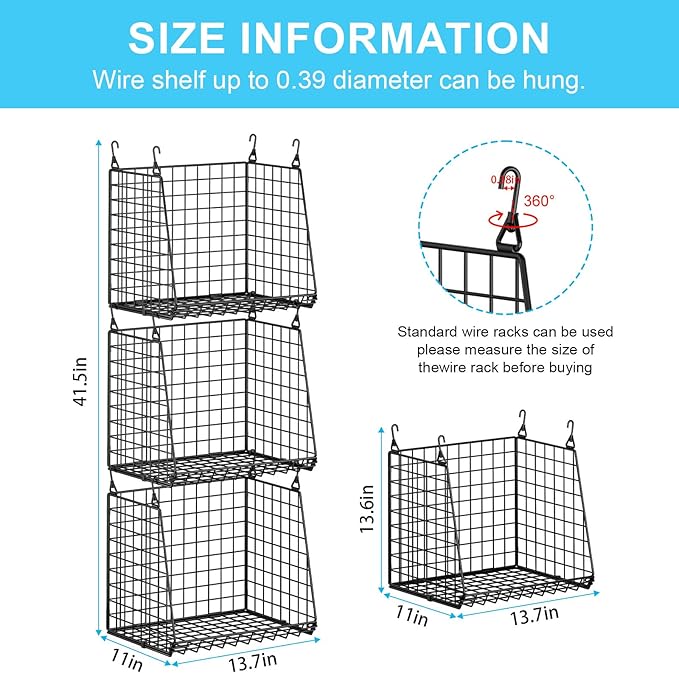 3-Pack Extra-Tall 13.6'' Hanging Laundry Basket Organizer, Foldable Wire Shelf with 360° Rotating Hooks & Reinforced Height - Durable Space-Saving Laundry Room & Closet Organizer, Black Patent