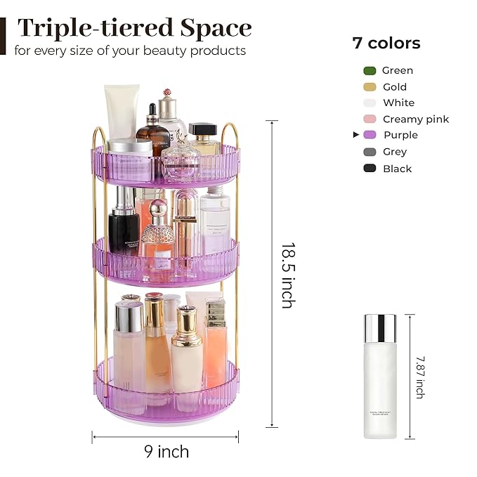 Aveniee Rotating Makeup Organizer for Vanity, Perfume Skincare Organizerss Large, Spinning Bathroom Counter Shelf Holder for Cosmetics, Skin Care, Lipsticks,3 Tiers, Purple