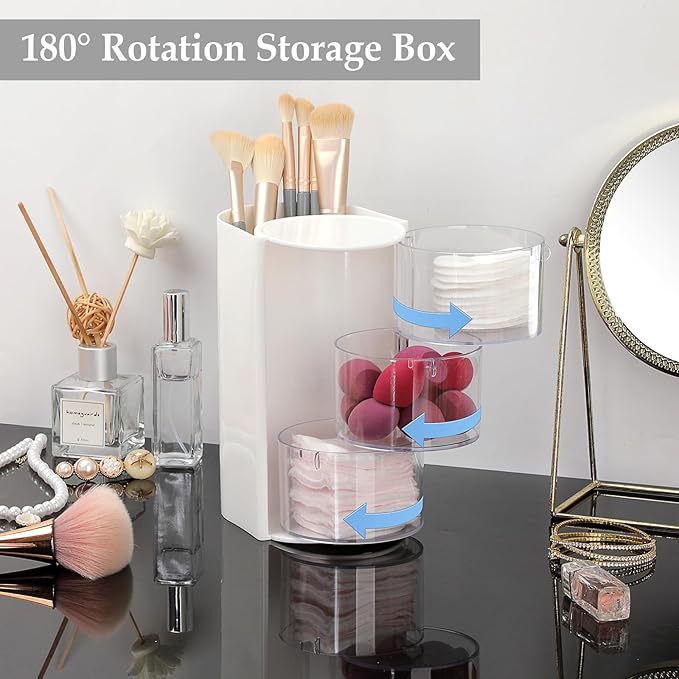 Rotating Accessories Organizer with Comb Holder Plastic Hair Clips Storage Container Cosmetic Storage Box for Makeup Sponge Brush, 3-Layer White