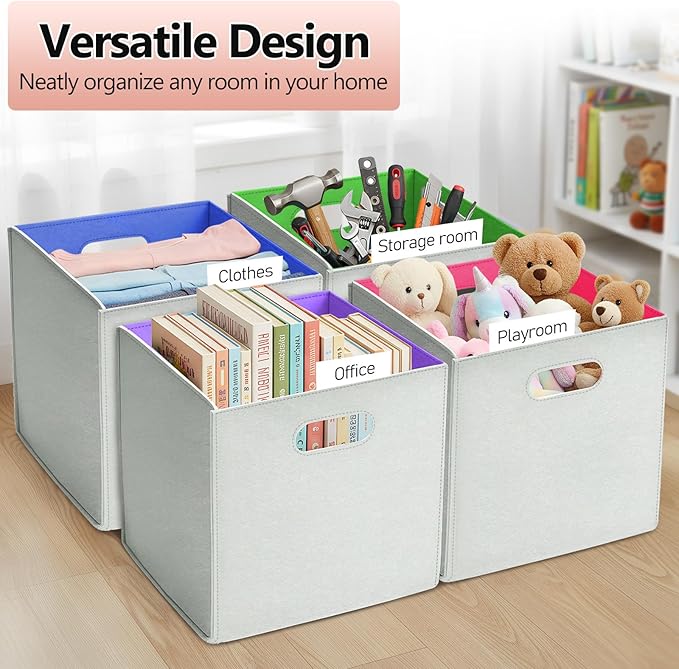 6 Pcs 11 Inch Colorful Felt Storage Cubes with Handle, Collapsible Fabric Storage Cubes Toy Bins Foldable Baskets for Nursery, Playroom, Kids Room, Toys, Books, Clothes(Gray-rainbow)