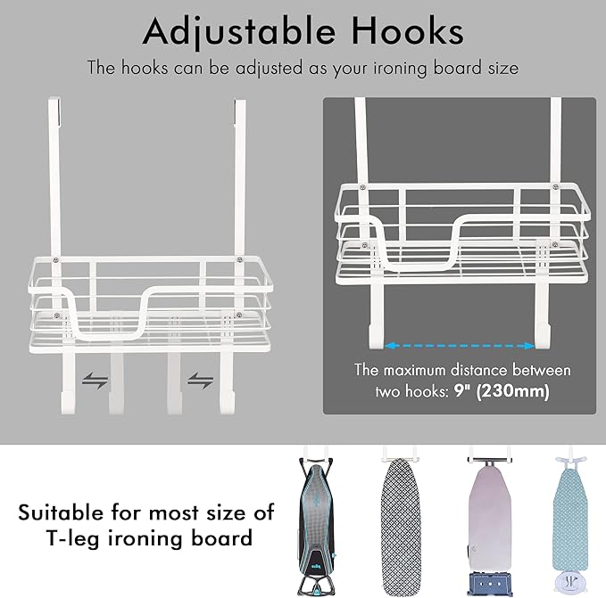 KES Ironing Board Hanger, Over The Door Ironing Board Holder, T-Leg Ironing Board Door Hanger for 1 3/4" Door, Metal Iron Holder White, HIR500B-WH