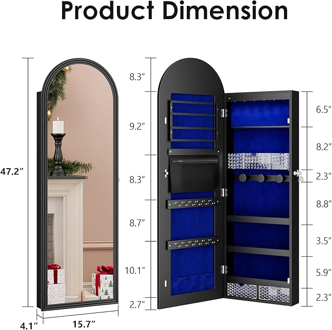 47in Tall Jewelry Cabinet Organizer, Arched Wall or Door Mounted Jewelry Armoire with Full-Length Mirror, 6 LEDS Lockable Hanging Mirror Cabinet with Storage, 2 Drawers, Women Girls Gifts,Black